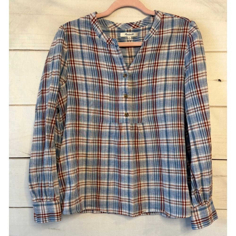 Madewell Women Blue Red Plaid Cotton Linen Henley Blouse Top Medium M
